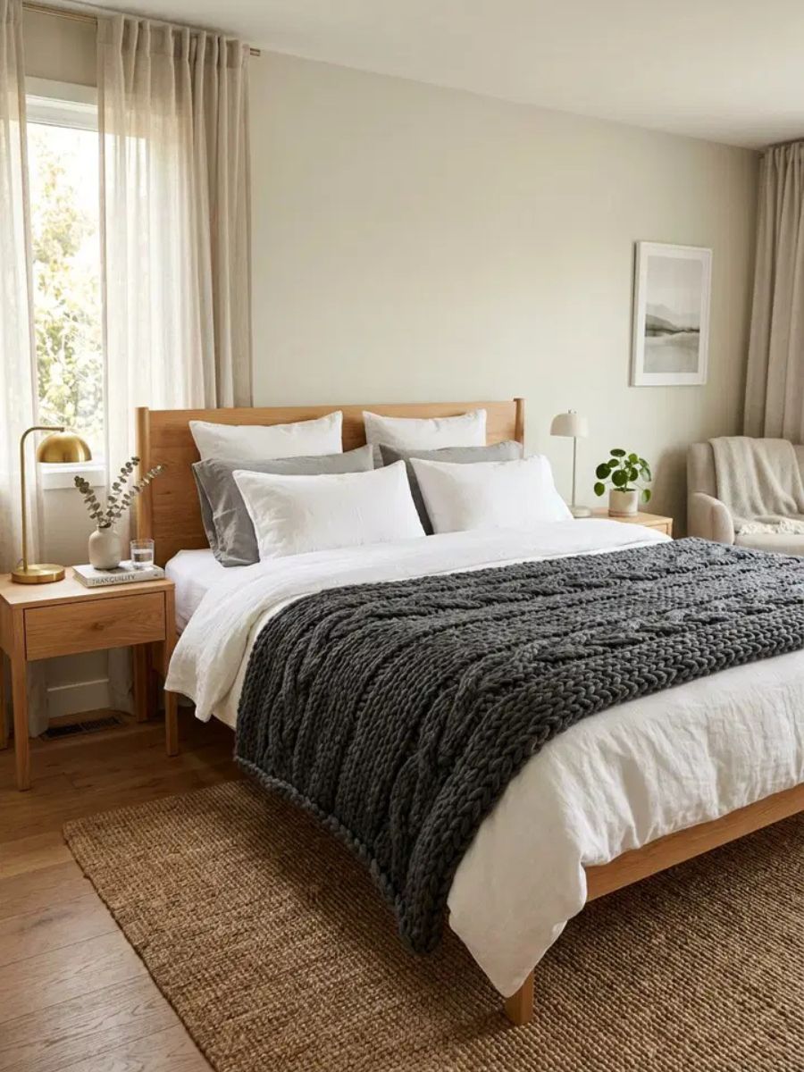 Wool weighted blanket on a bed providing calming pressure for better sleep